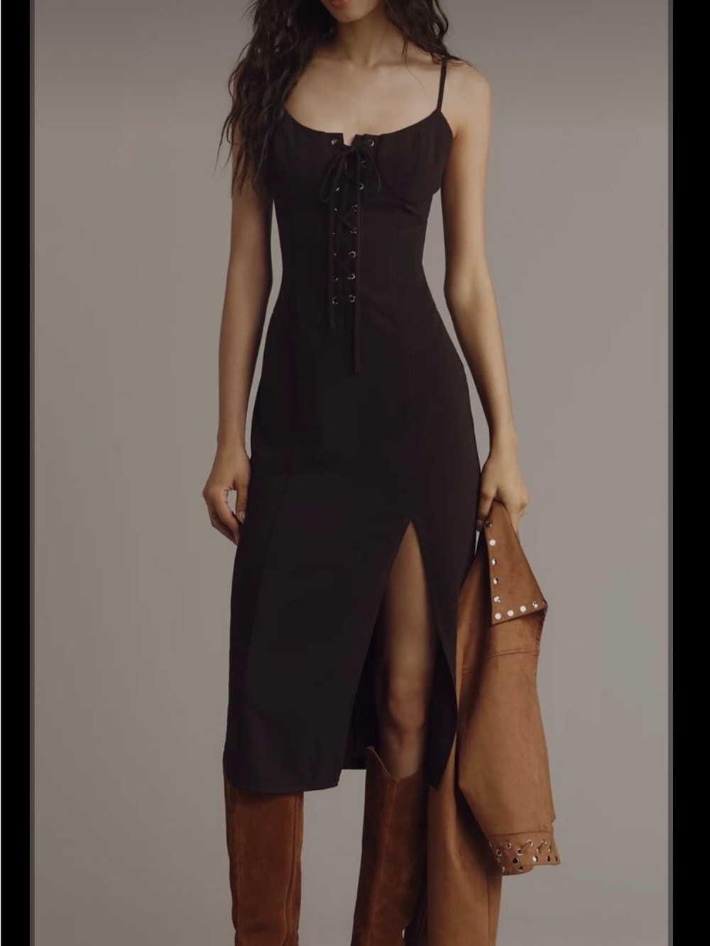 Avec Les Filles -Dark Brown Sleeveless Corset Slim Midi Dress